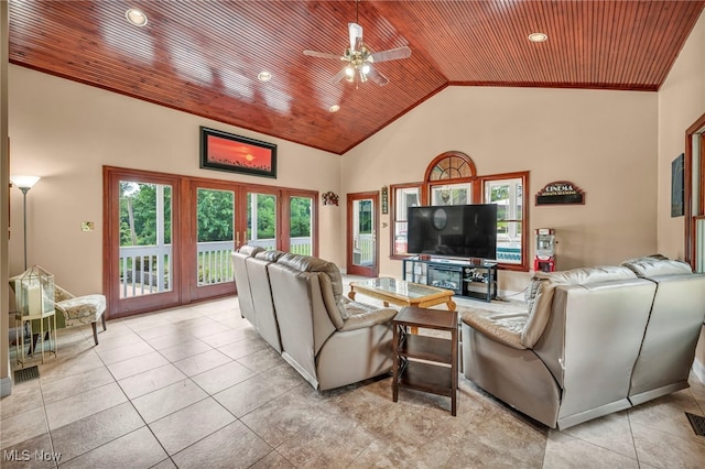 living room featuring ceiling fan, wooden ceiling, light tile patterned floors, and high vaulted ceiling