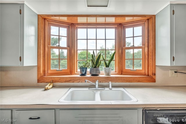 kitchen with gray cabinets, sink, and dishwasher