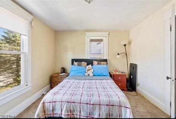 bedroom featuring light carpet and multiple windows