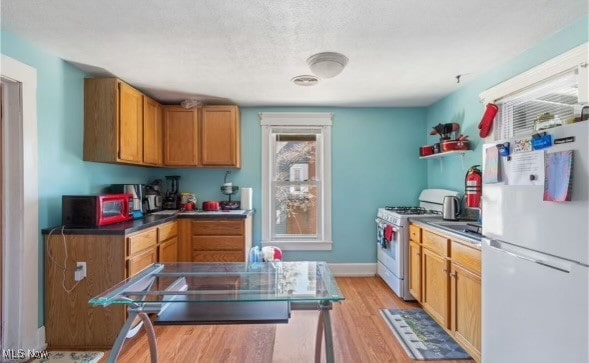 kitchen featuring white appliances and light hardwood / wood-style floors