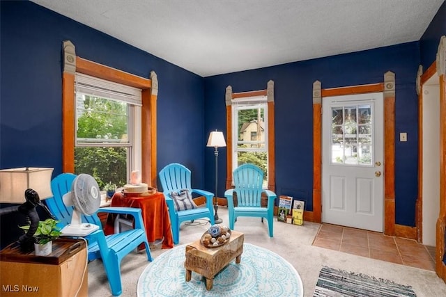 sitting room featuring light carpet