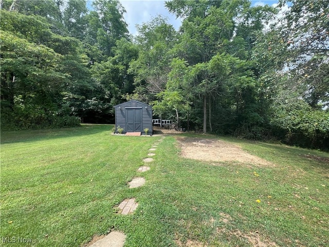 view of yard featuring a shed and an outdoor structure