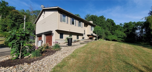 view of property exterior featuring a yard and a chimney