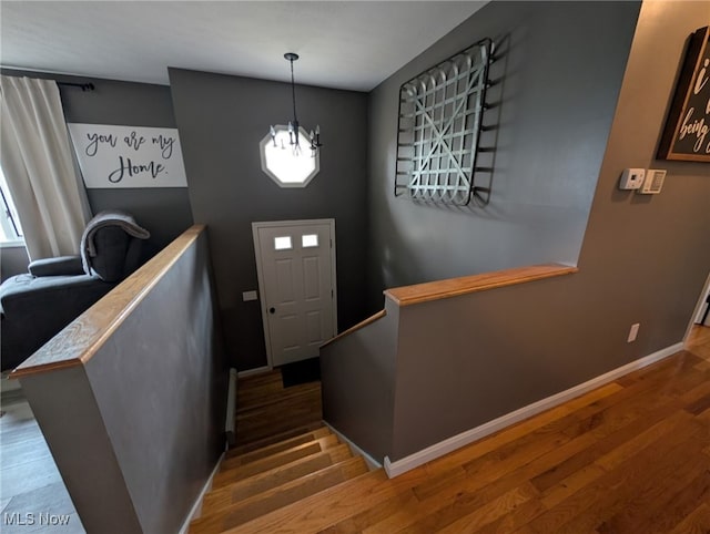 entrance foyer with an inviting chandelier, baseboards, and wood finished floors