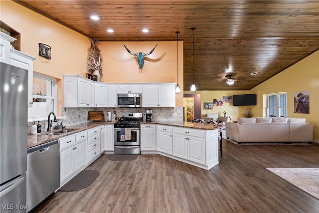 kitchen featuring wooden ceiling, wood-type flooring, and stainless steel appliances