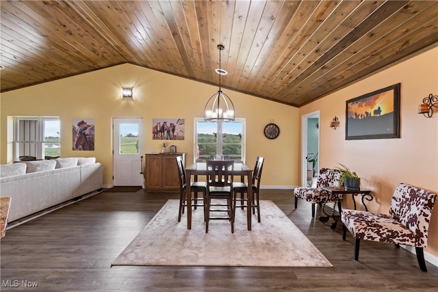 dining space with dark wood-type flooring, lofted ceiling, a chandelier, and wood ceiling