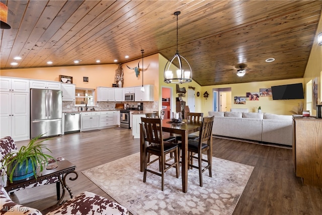 dining space featuring dark hardwood / wood-style floors, high vaulted ceiling, wooden ceiling, and an inviting chandelier