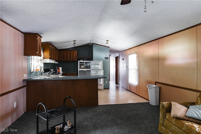 kitchen featuring kitchen peninsula, dark brown cabinets, a textured ceiling, and lofted ceiling