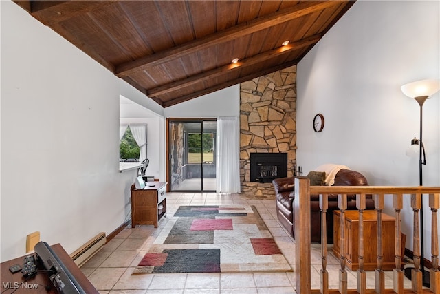 interior space with a fireplace, beam ceiling, light tile patterned flooring, wooden ceiling, and baseboard heating