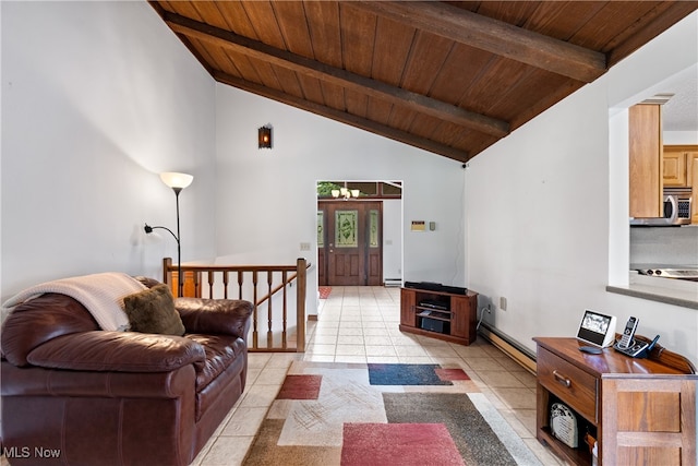 tiled living room with high vaulted ceiling, wooden ceiling, baseboard heating, and beam ceiling