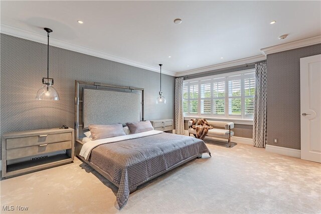 carpeted bedroom with crown molding