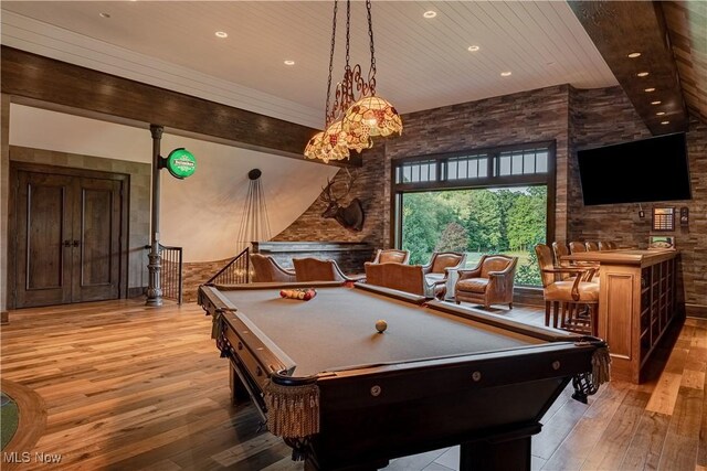 playroom with wood ceiling, light hardwood / wood-style flooring, and pool table