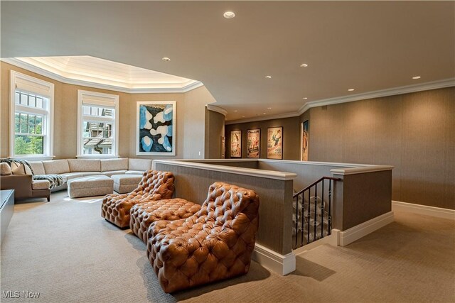 interior space featuring light carpet and crown molding