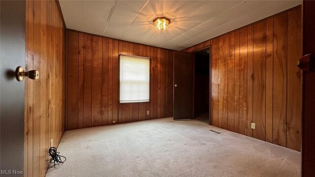 carpeted empty room featuring wood walls