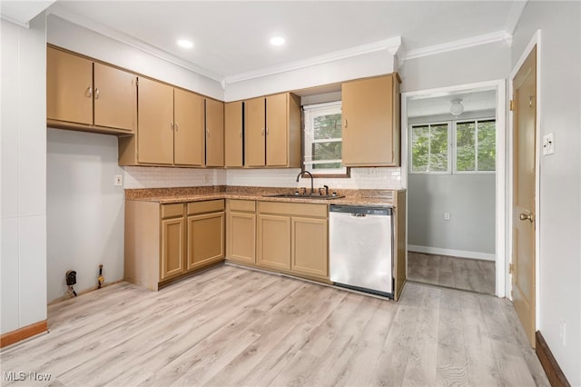 kitchen with decorative backsplash, crown molding, sink, dishwasher, and light hardwood / wood-style floors