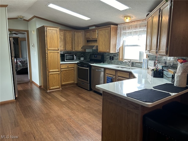 kitchen featuring tasteful backsplash, stainless steel appliances, sink, kitchen peninsula, and dark wood-type flooring