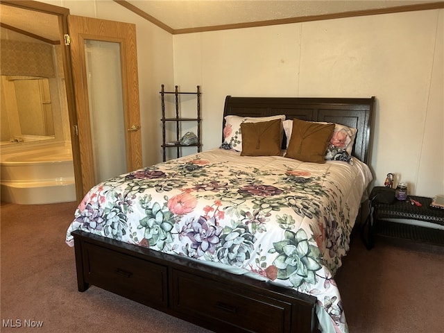 bedroom featuring crown molding, vaulted ceiling, and carpet floors