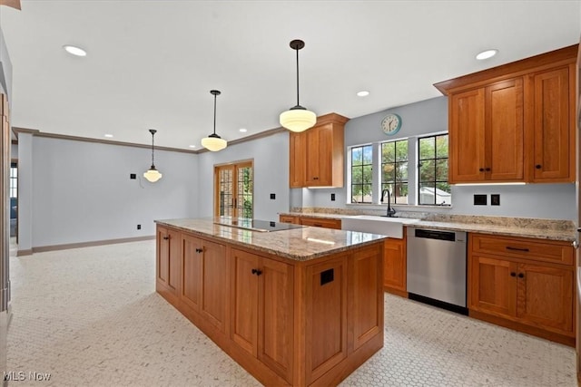 kitchen with light stone counters, a sink, a center island, dishwasher, and brown cabinetry