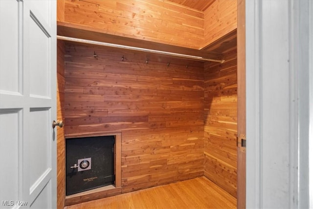 walk in closet with light wood finished floors