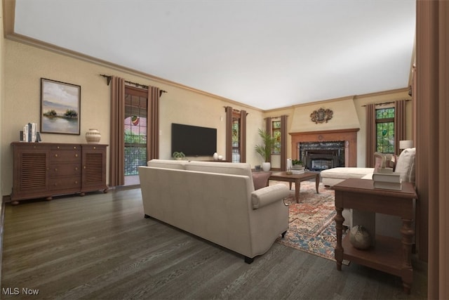 living area with plenty of natural light, crown molding, and wood finished floors