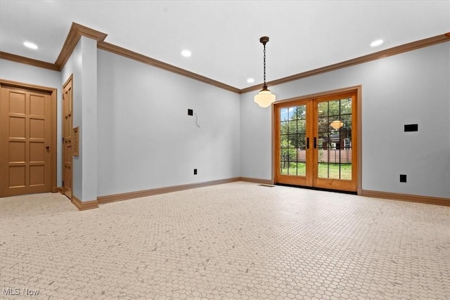 unfurnished living room with french doors, carpet, and baseboards