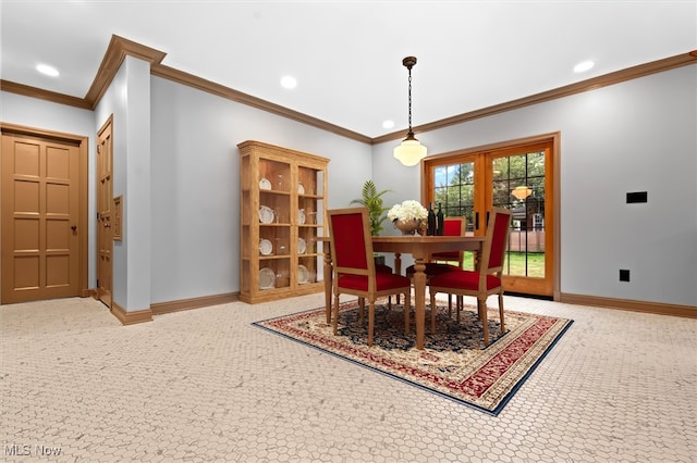 carpeted dining space with crown molding, french doors, recessed lighting, and baseboards