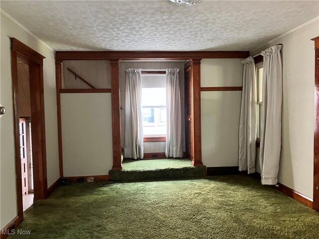 carpeted empty room with ornamental molding