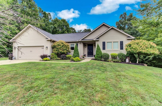 ranch-style house featuring a garage and a front lawn