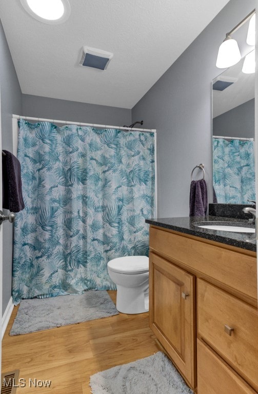 bathroom featuring vanity, hardwood / wood-style flooring, and toilet