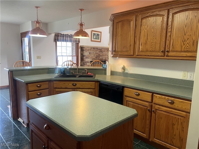 kitchen with sink, a center island, hanging light fixtures, black dishwasher, and dark tile patterned flooring