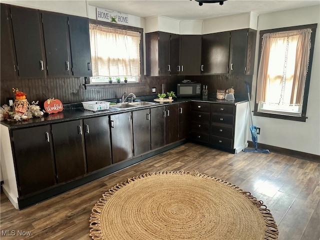 kitchen featuring dark brown cabinets, a wealth of natural light, dark wood-type flooring, and sink