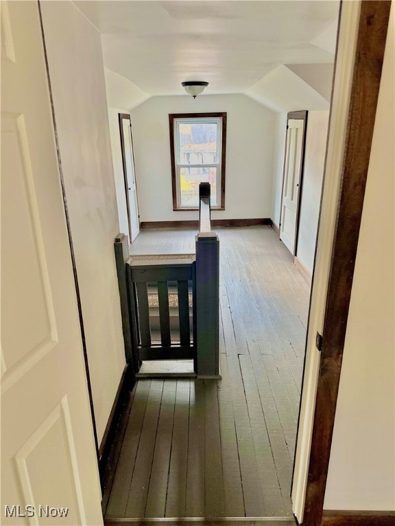 corridor featuring dark hardwood / wood-style flooring and lofted ceiling