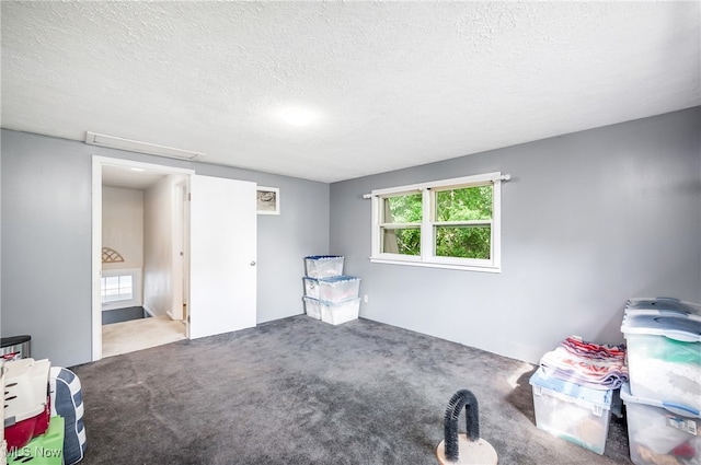 interior space with a textured ceiling and light colored carpet