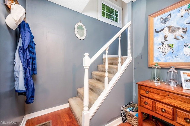 staircase with wood-type flooring