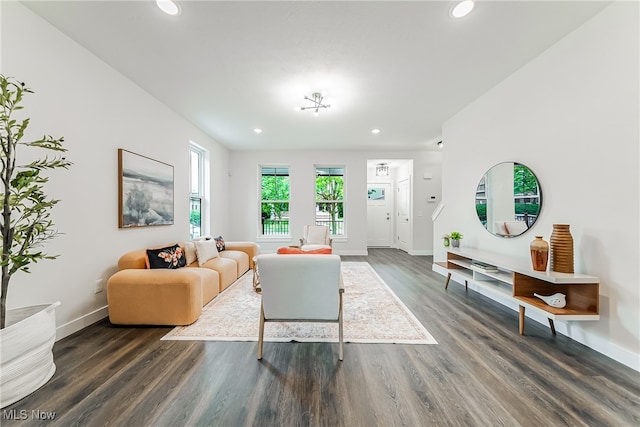 living room featuring dark wood-type flooring