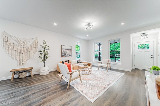 living room featuring dark wood-type flooring