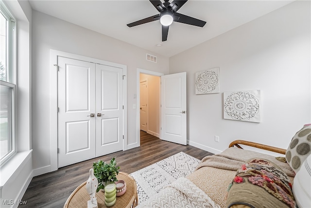 living room featuring ceiling fan, plenty of natural light, and dark wood-type flooring