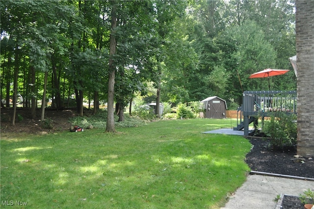 view of yard with a storage shed