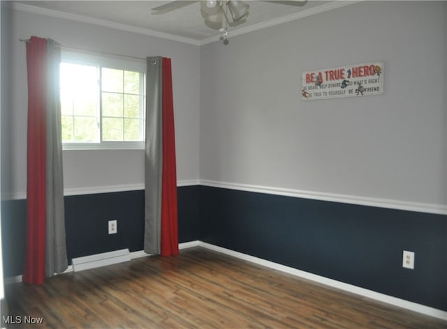 unfurnished room with ceiling fan, crown molding, and dark hardwood / wood-style flooring