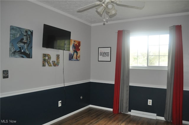 unfurnished bedroom with a textured ceiling, crown molding, dark hardwood / wood-style floors, and ceiling fan