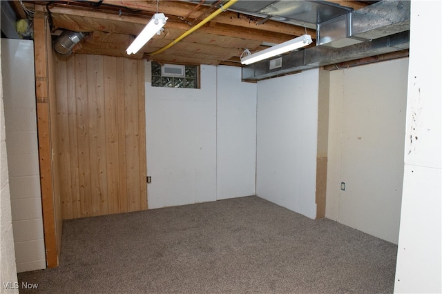 basement featuring wood walls and carpet floors