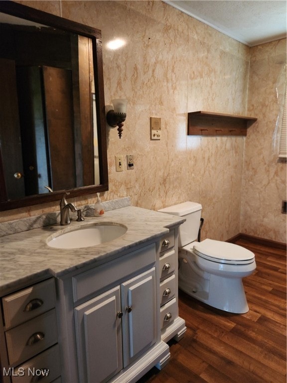 bathroom featuring hardwood / wood-style flooring, vanity, and toilet