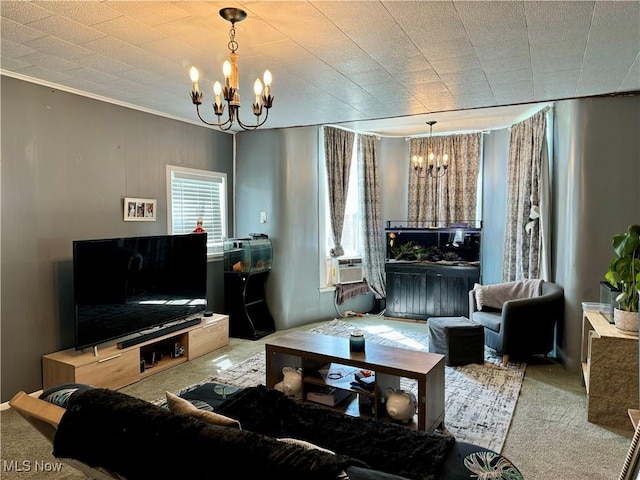 carpeted living room with cooling unit and a chandelier