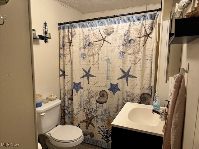 bathroom with a textured ceiling, toilet, and vanity