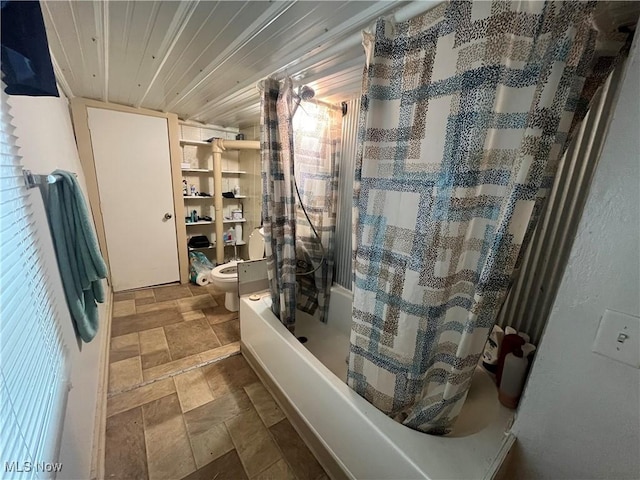 bathroom with wood ceiling, toilet, and shower / bath combo with shower curtain