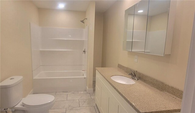 full bathroom featuring shower / tub combination, vanity, and toilet