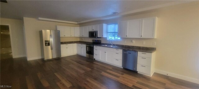 kitchen with white cabinets, dark hardwood / wood-style flooring, sink, and stainless steel appliances