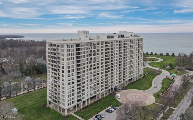 drone / aerial view with a water view