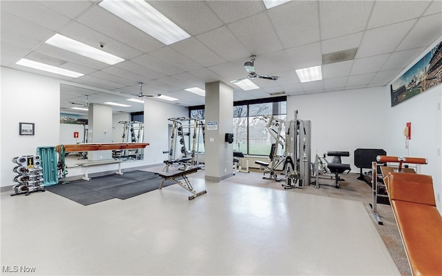 workout area featuring a paneled ceiling and ceiling fan