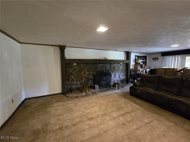 780 Mcgill Rd, Vincent, OH 45784 - unfurnished living room with carpet floors, a fireplace, a textured ceiling, and baseboards